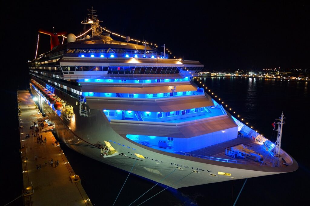 cruise ship, night, neon light, cruise, nature, port, travel, lake, water, holiday cruise, caribbean